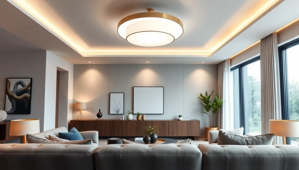Experience sleek illumination in a modern living room with artistic decor and elegant lighting.