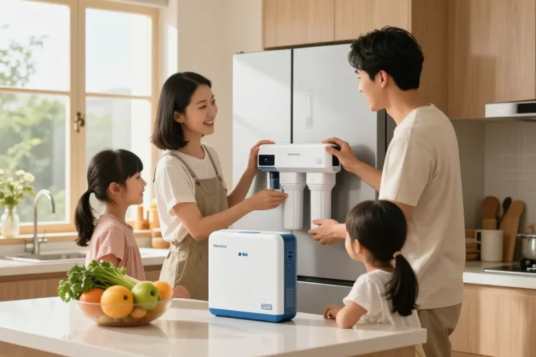 Family installing the Waterdrop Plus LT1000PC ADQ747935 NSF 401 Refrigerator Water Filter and Air Filter in a modern kitchen, showcasing healthy living.