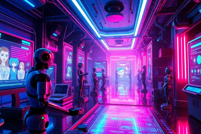 Engaging NSFW AI chatbots in a vibrant, futuristic digital landscape.