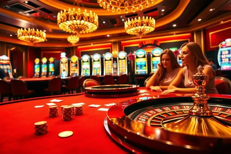 Joueurs engagés profitant du meilleur casino en ligne 2026, scène de casino vibrante avec roulette et machines à sous.