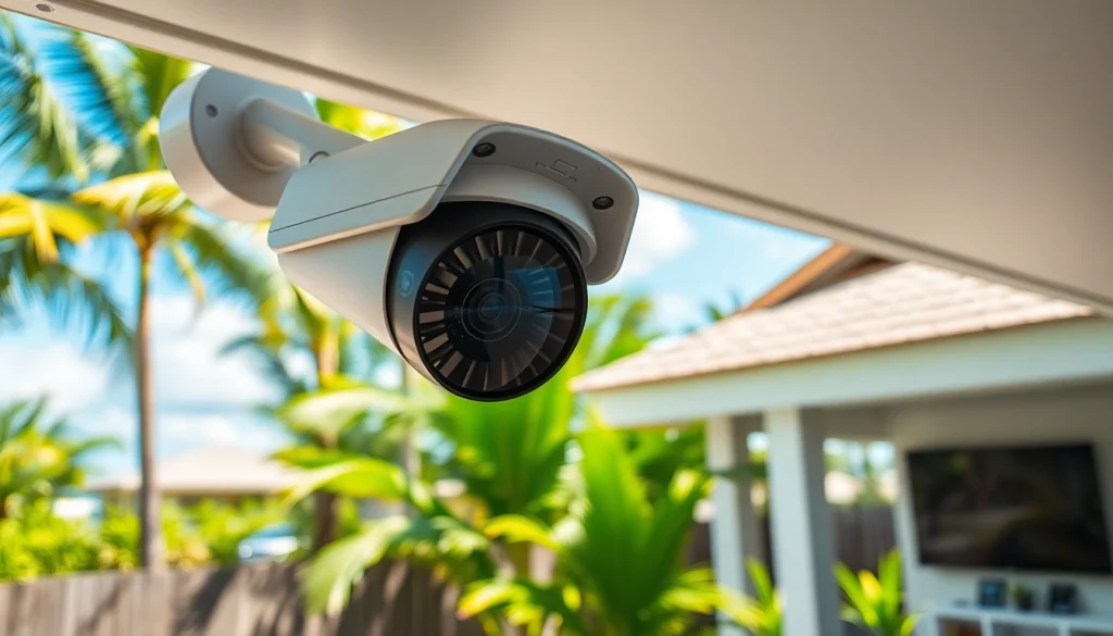 Cámaras de seguridad de alta tecnología en Liberia, mostrando soluciones modernas de vigilancia en un hogar tropical.