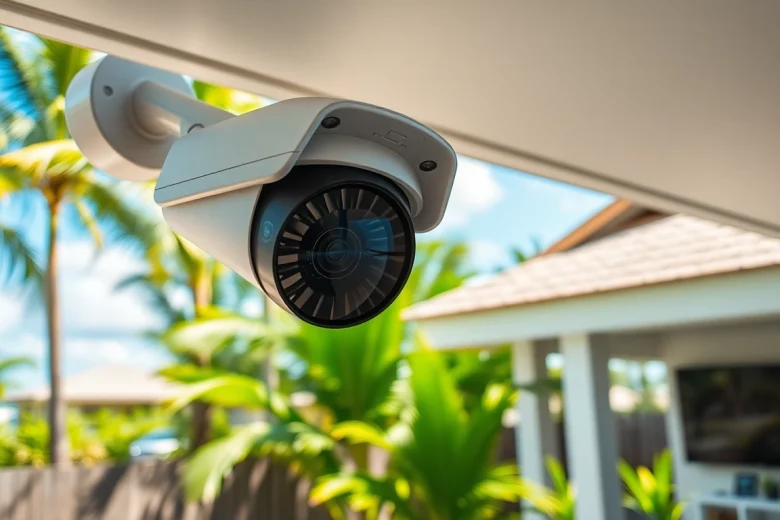 Cámaras de seguridad de alta tecnología en Liberia, mostrando soluciones modernas de vigilancia en un hogar tropical.
