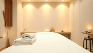 마사지 치료를 위한 전문적인 설정과 차분한 분위기를 가진 이완 마사지 방.