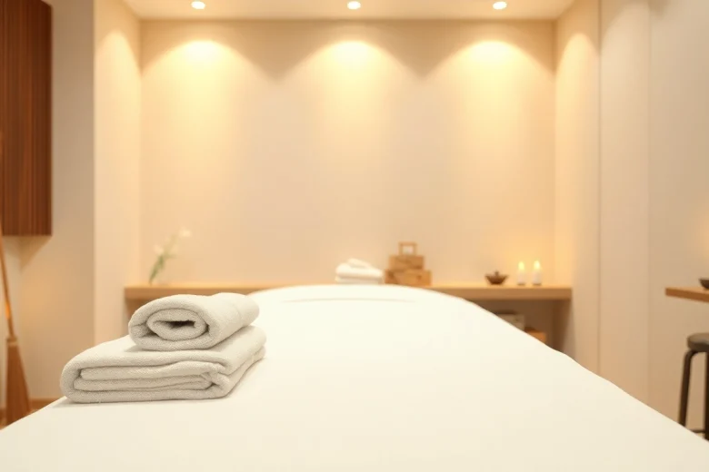 마사지 치료를 위한 전문적인 설정과 차분한 분위기를 가진 이완 마사지 방.