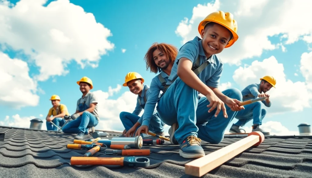 Engaged apprentices honing their skills in a roofing apprenticeship under a bright sky.