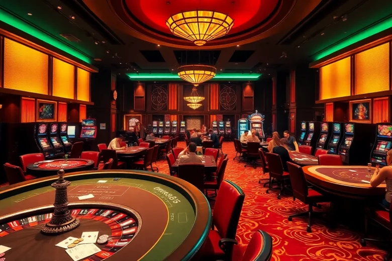 Exciting casino atmosphere with lively players gambling, showcasing mm88 gaming experience.