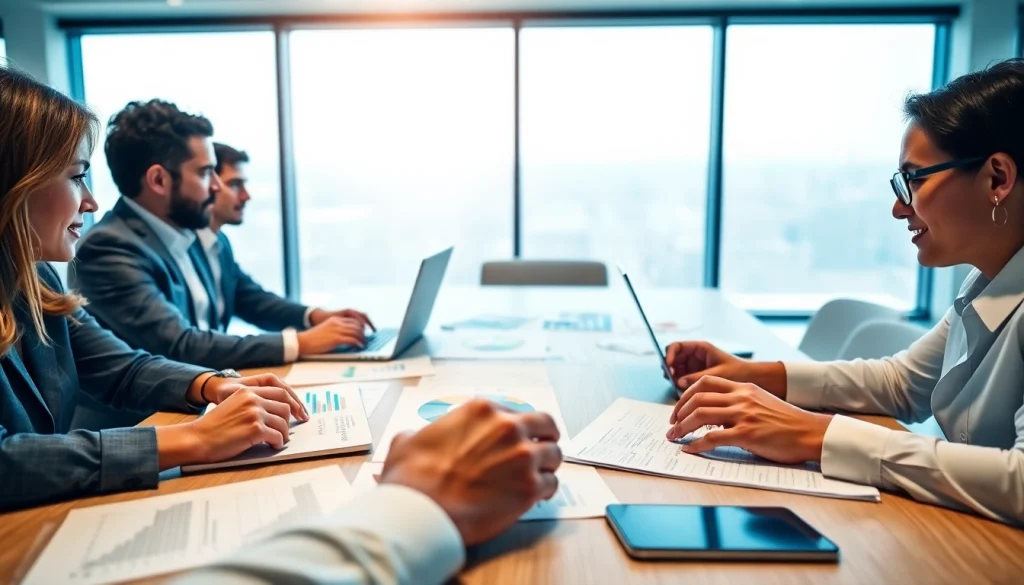 Engaged team collaborating in contract management with modern tools and paperwork.