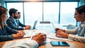 Engaged team collaborating in contract management with modern tools and paperwork.