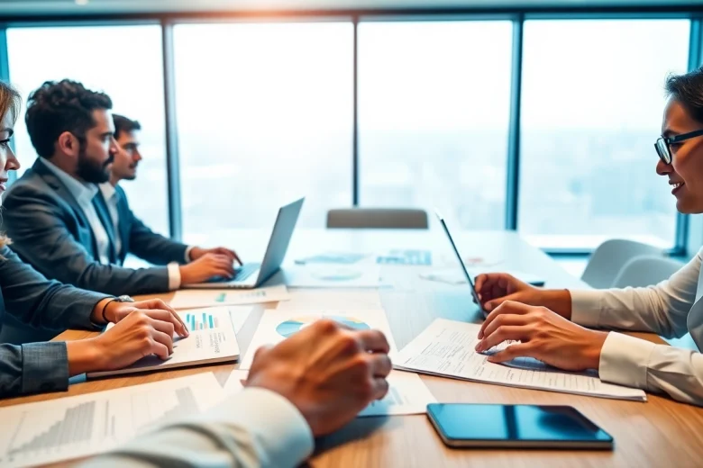 Engaged team collaborating in contract management with modern tools and paperwork.